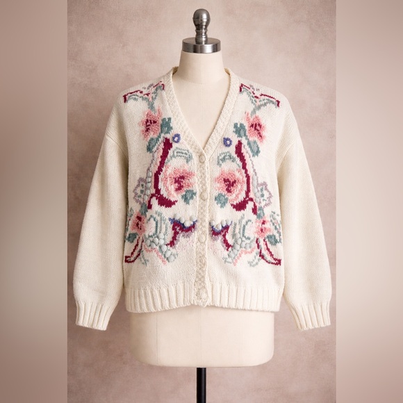 VI Petites Sweaters - Vintage V.I. Petites Floral Ramie Cotton Cardigan Hong Kong Cottagecore Sz 8-10
